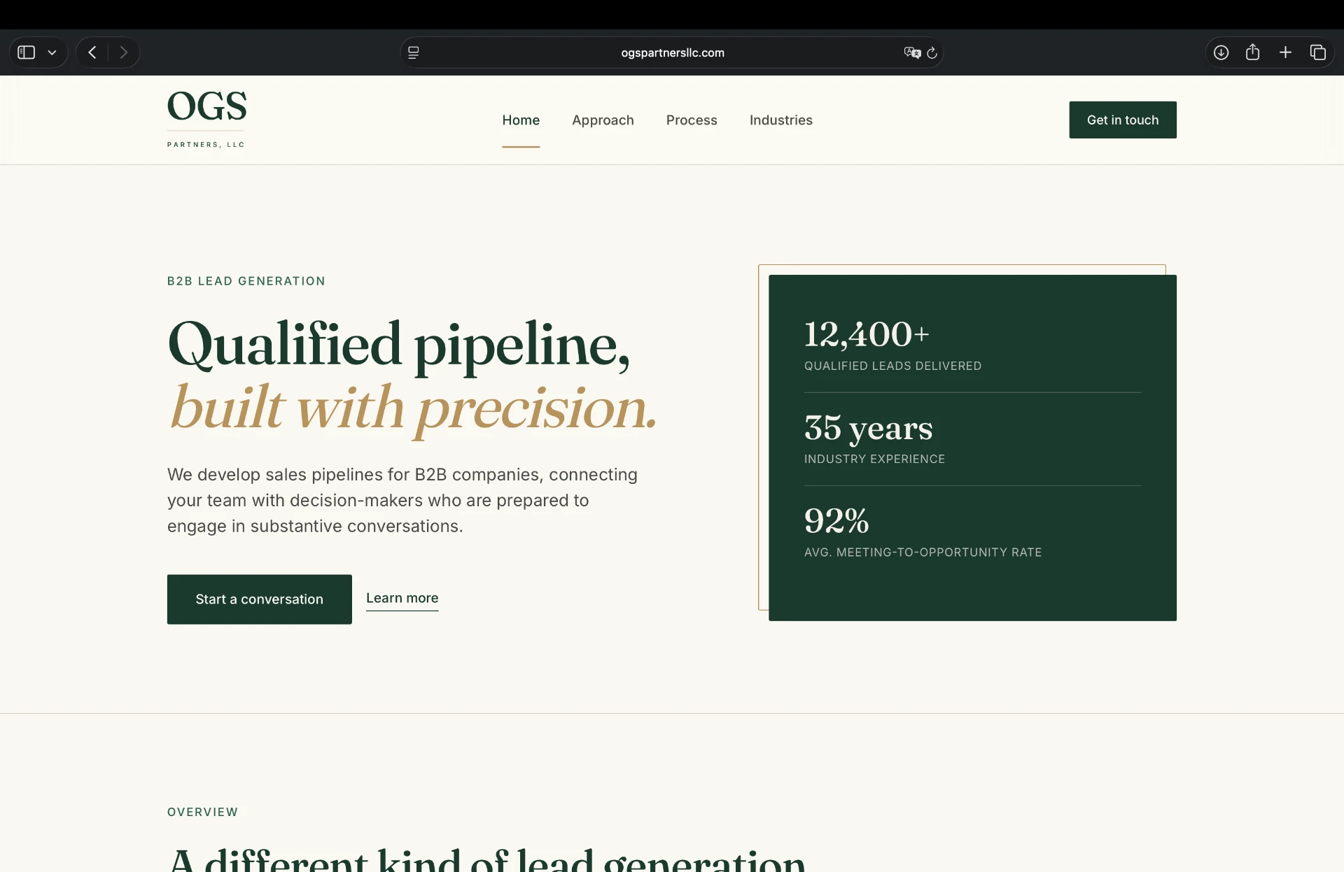 OGS Partners homepage, a B2B sales lead generation firm