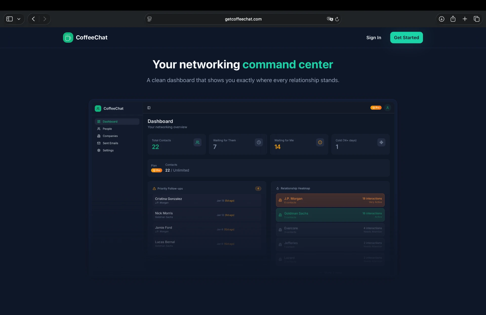 CoffeeChat homepage, a networking CRM for finance students